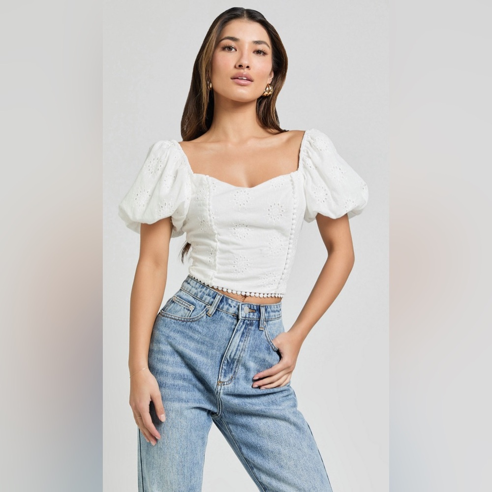 Showpo PIXIE TOP - SWEETHEART PUFF SLEEVE EMBROIDERY TOP IN WHITE